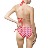 cute cherry pattern on pink background swimsuit with red elastic band back view 