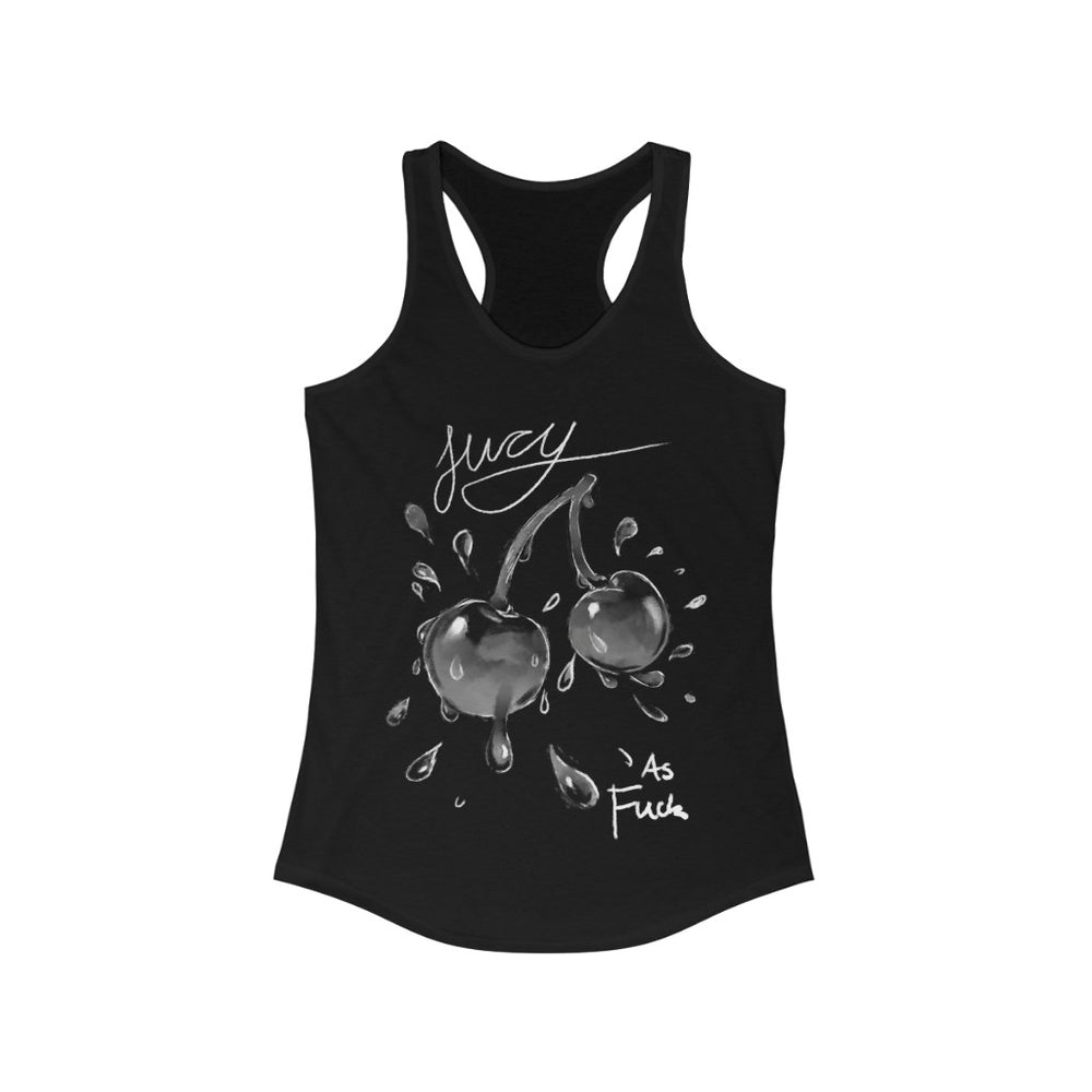 black racerback A-shirt with juicy fruits 2 cherries print in white monochrome and text juicy as fck