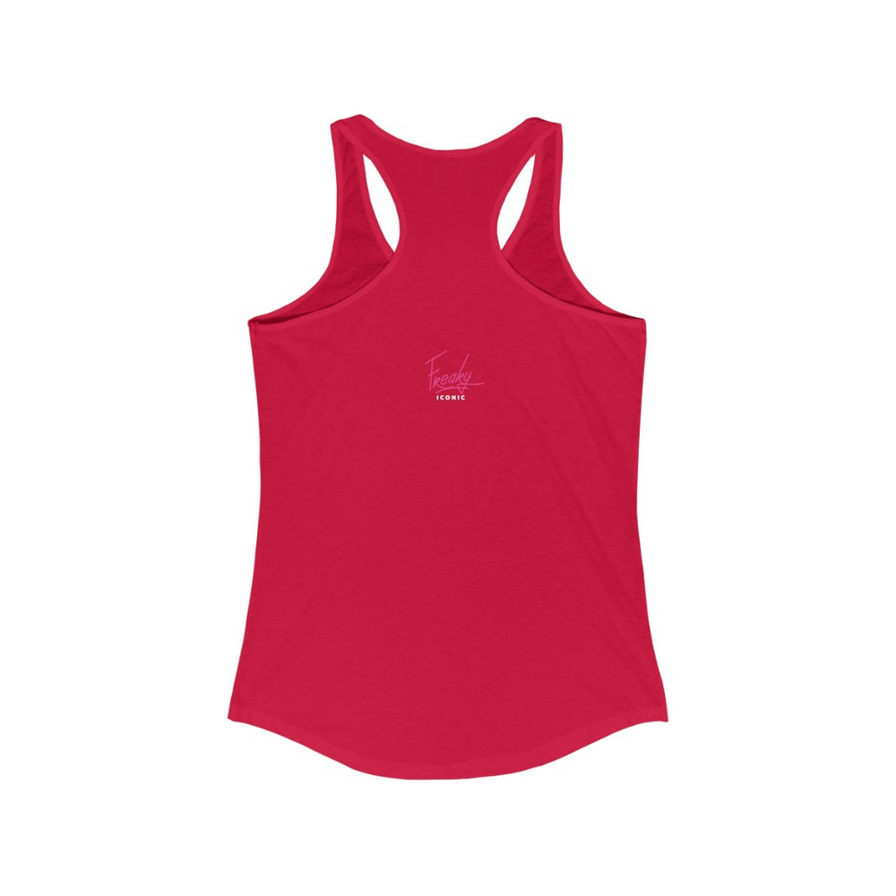 cherry red cotton tank top with racer back print small freaky iconic logo print in the back