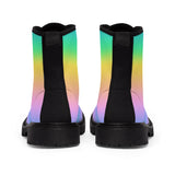 back side of punk boots with print on vegan no leather heavy sailing fabric in rainbow colours 