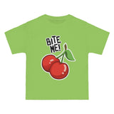 green oversized t-shirt with cherry illustration and text bite me