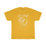 yellow cotton tee shirt with white print motive two squeezed lemons dripping and text oh yeah