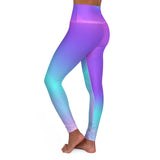 tight fitted stretchy yoga leggings with pink purple blue teal gradient print and extra high waist band for comfort mermaid style left side