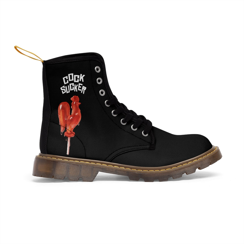 Mens combat boots upper material light canvas with black print and cock sucker text and image on the side high quality sole doc martin style