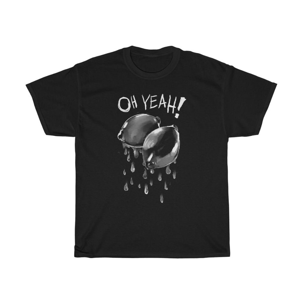 black cotton unisex tee shirt with white monochromatic print motive two sexy wet lemons dripping and text oh yeah