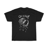 black cotton unisex tee shirt with white monochromatic print motive two sexy wet lemons dripping and text oh yeah