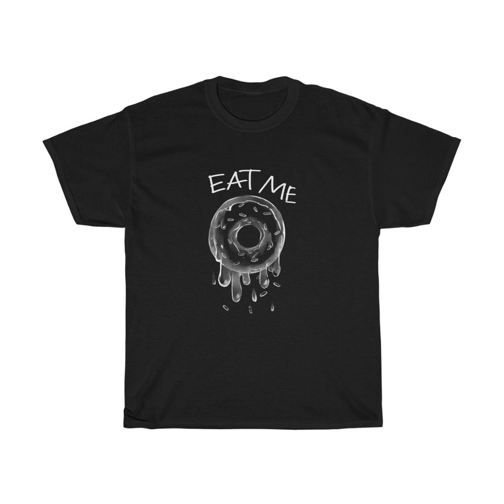 sexy black tee t-shirt with white juicy donut eat me print in front middle front view detail 