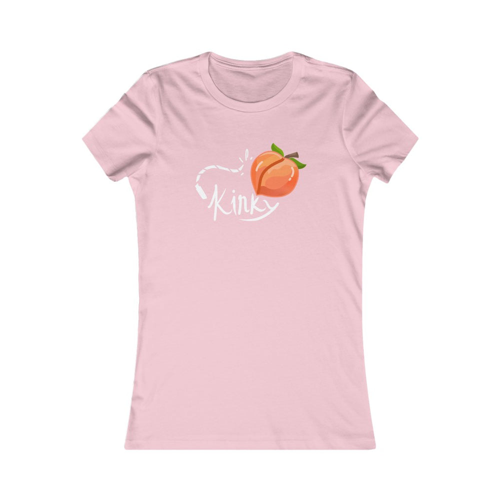 baby pink woman slim fitted tee shirt with short sleeves with a print in a front of a whip hitting a peach and the white text kinky