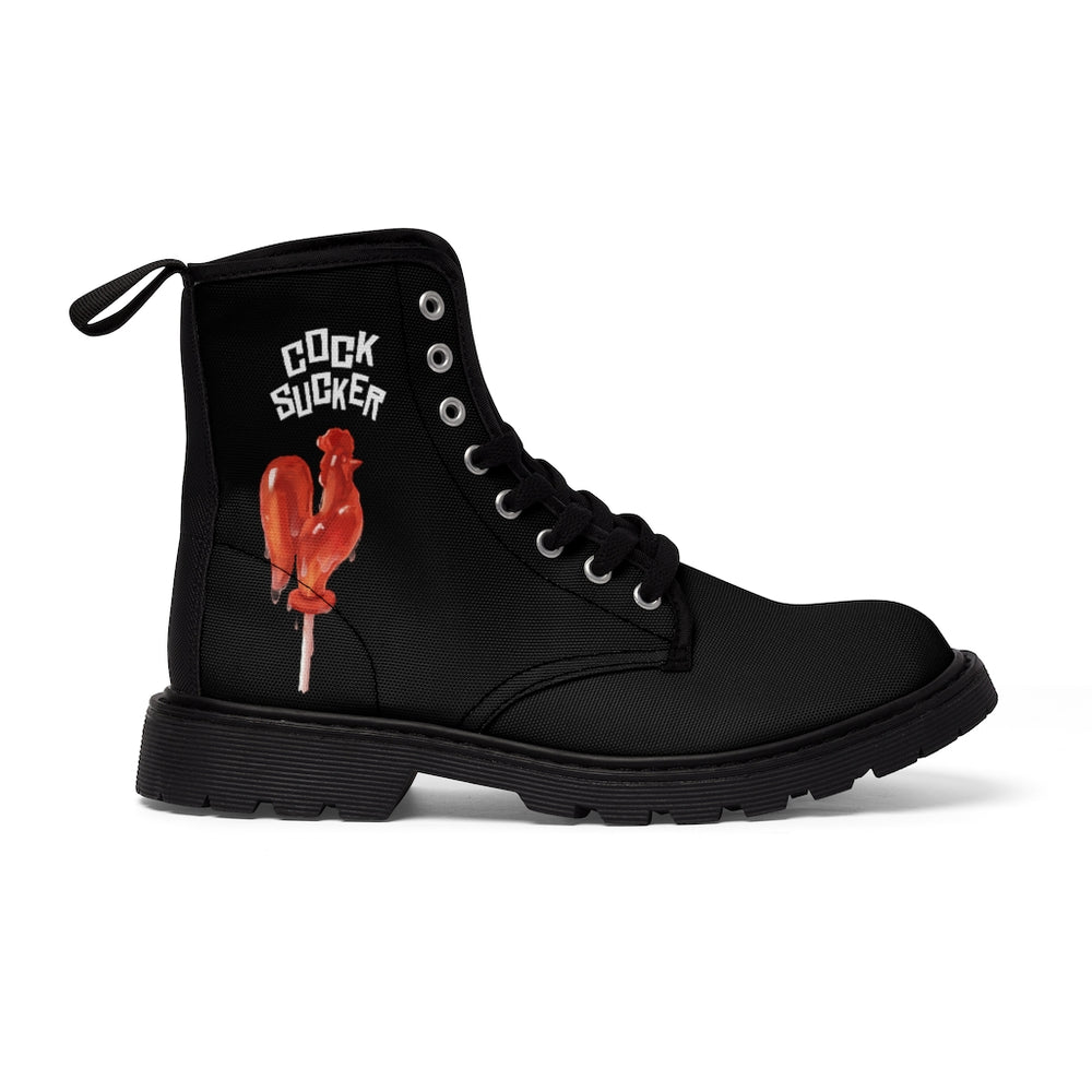 Mens combat shoes upper material fabric with black print and cock sucker text and image on the side high quality black sole black threads  