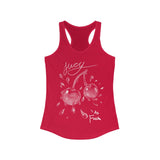 cherry red cotton tank top with racer back print in font in white outline two dripping cherries with text juicy as fuck