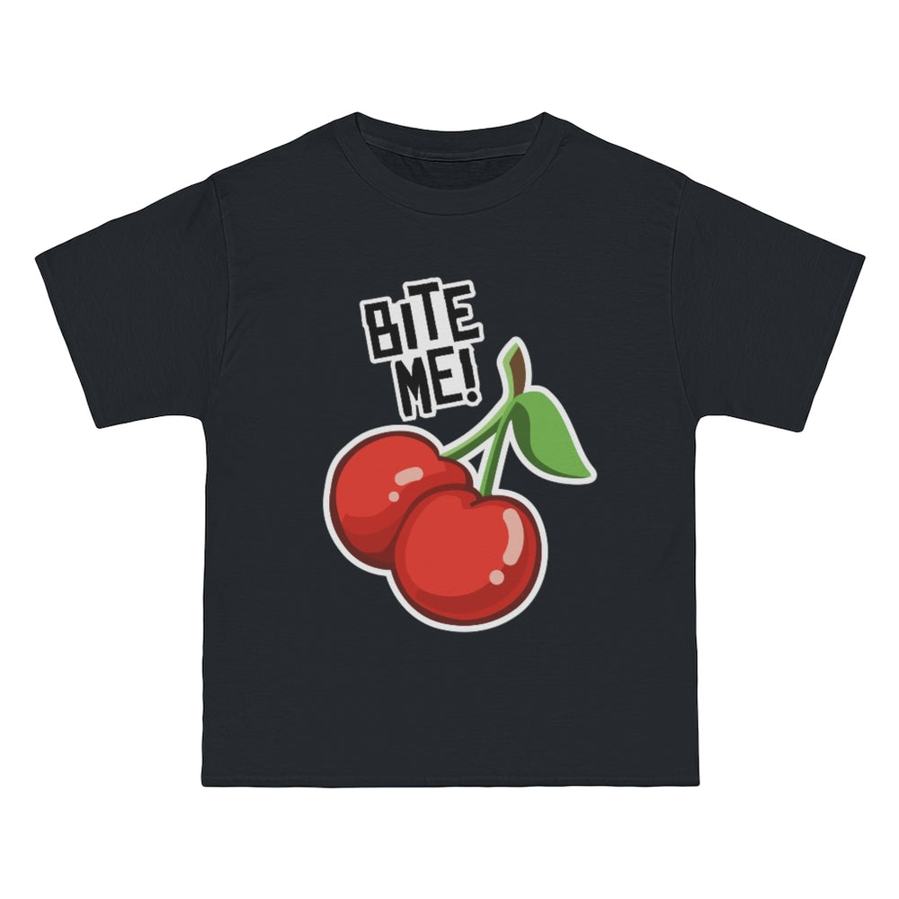 black oversized tee shirt with cherry motive and text bite me