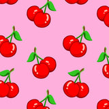 cherry pattern detail view red cherries with green leave on pink background