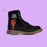 Mens combat boots upper material light canvas with black print and cock sucker text and image on the side high quality sole doc martin style