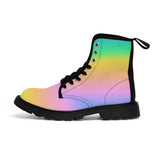 left show of Doc Martin style boots with print on heavy canvas fabric in rainbow colours 