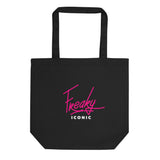 Backside of kinkey peach black cotton tote bag with freaky iconic logo