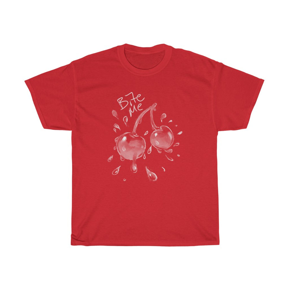 red unisex t-shirt with big white motive print in the middle juicy cherries in white with text bite me in the front