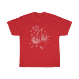 red unisex t-shirt with big white motive print in the middle juicy cherries in white with text bite me in the front