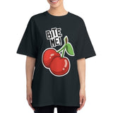 model waring black over sized unisex t-shirt with print cherries and bite me text