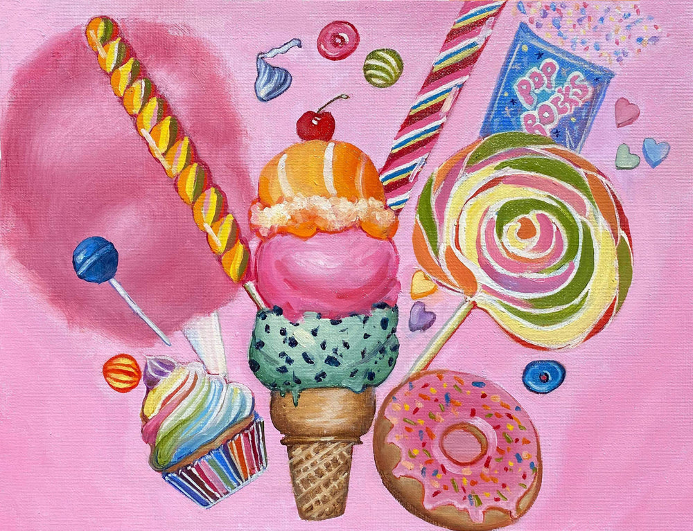 detail view of candy on canvas art by Layla Skramstad