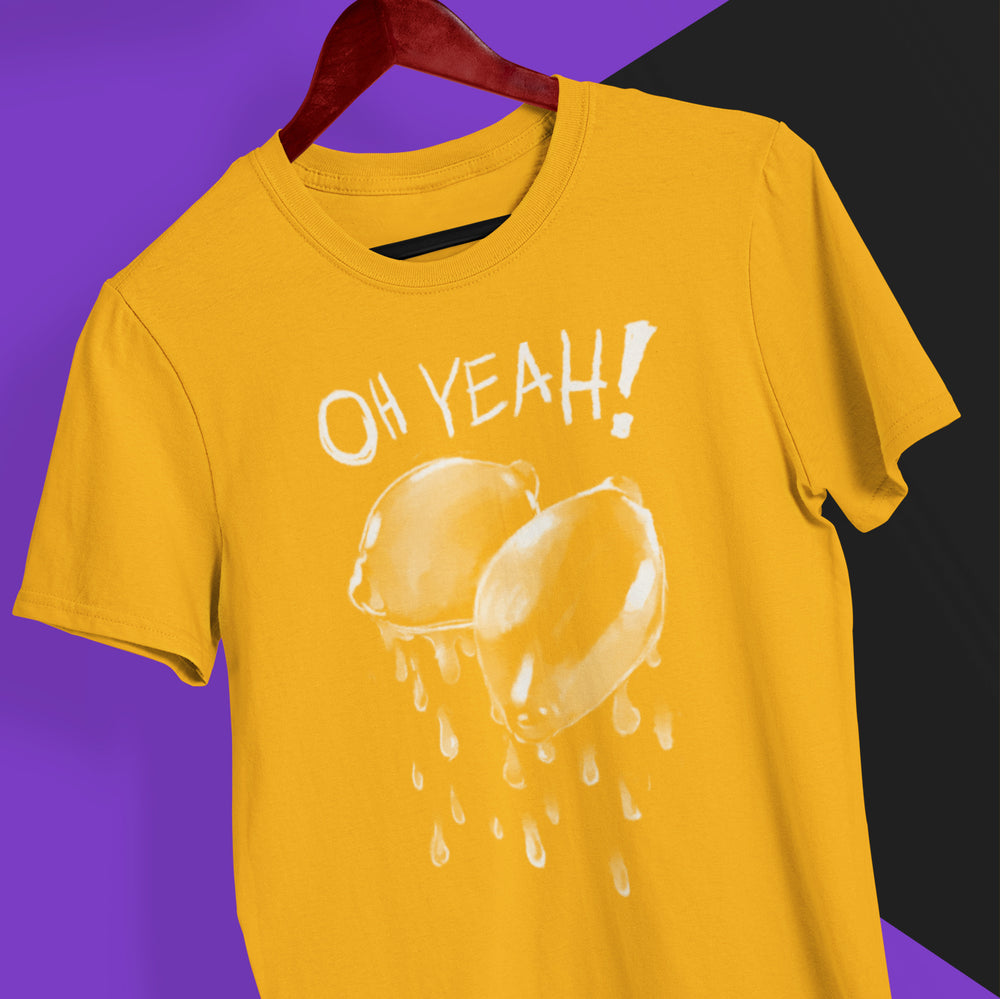 yellow t-shirt with big withe print in the front motive two dripping lemons with text oh yeah