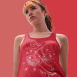 girl wearing red tank top with racer back print in font in white outline two wet cherries with text juicy as fuck