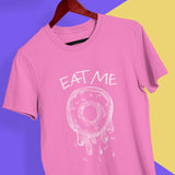 Pink casual cut t-shirt with white juicy donut eat me print in front middle front view