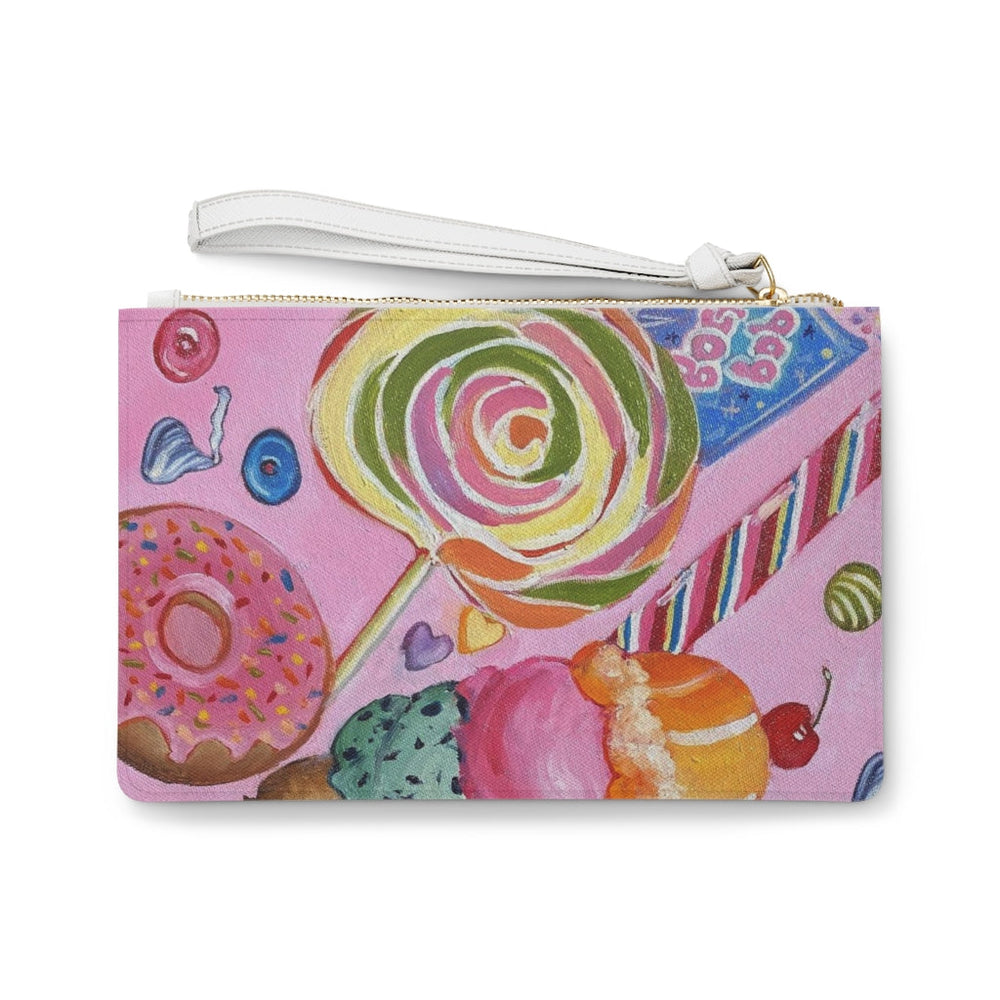 detail view of vegan Saffiano leather purse or small hand bag with sweets artwork